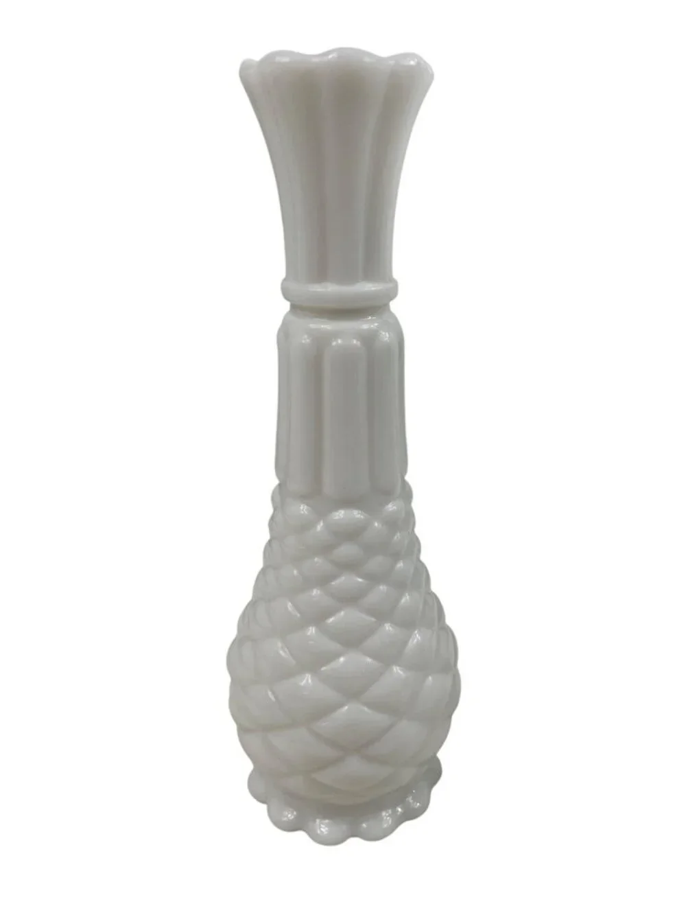 Vintage Anchor Hocking White Milk Glass Pineapple Bud Vase 9” Tall Set of 2